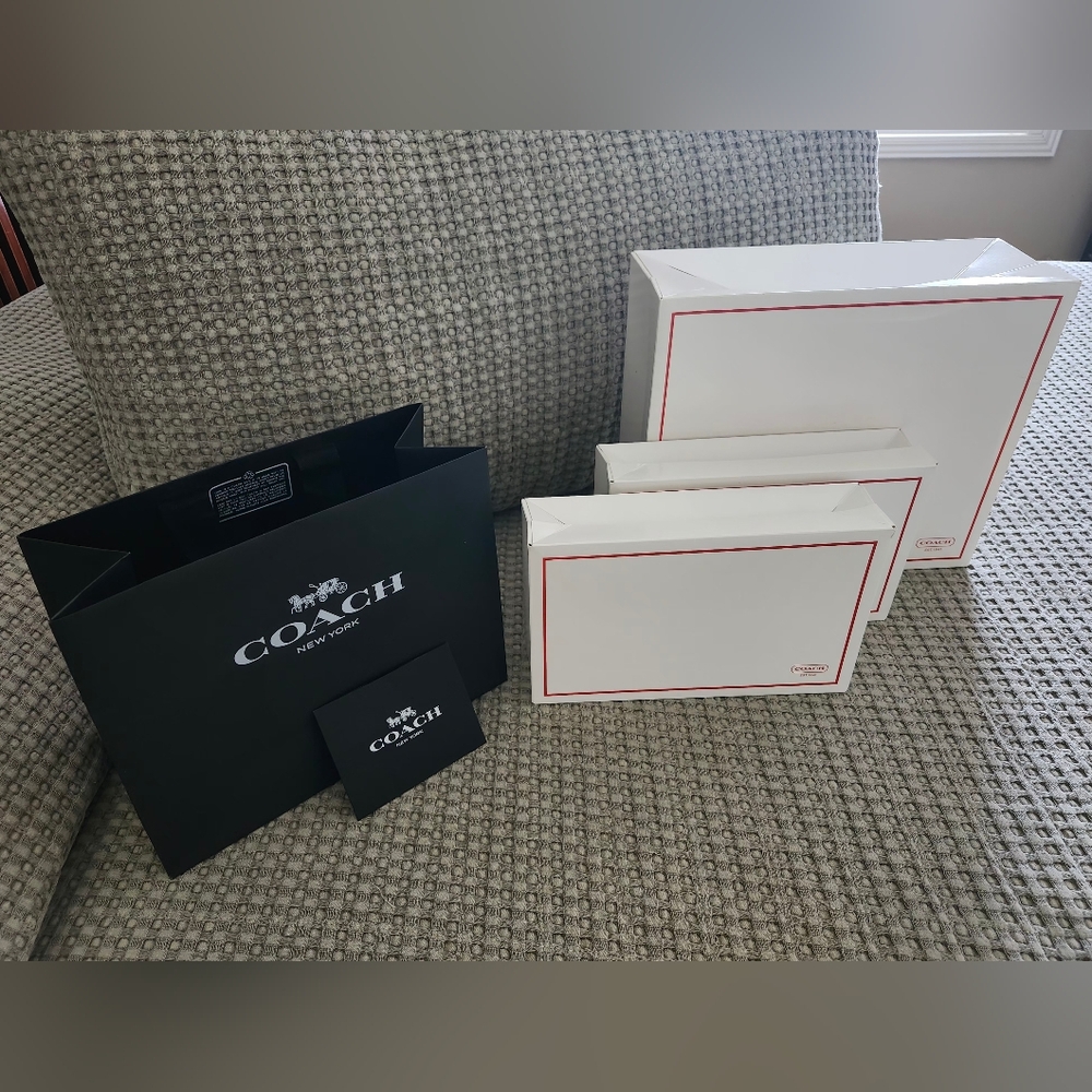 COACH White Cardboard White Box with Red Trim- and Black Bag with Envelpe.